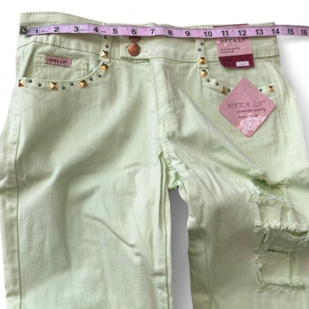 Y2K Neon Geeen Low Rise Studded Ripped Flare Jeans - Picture 6 of 8